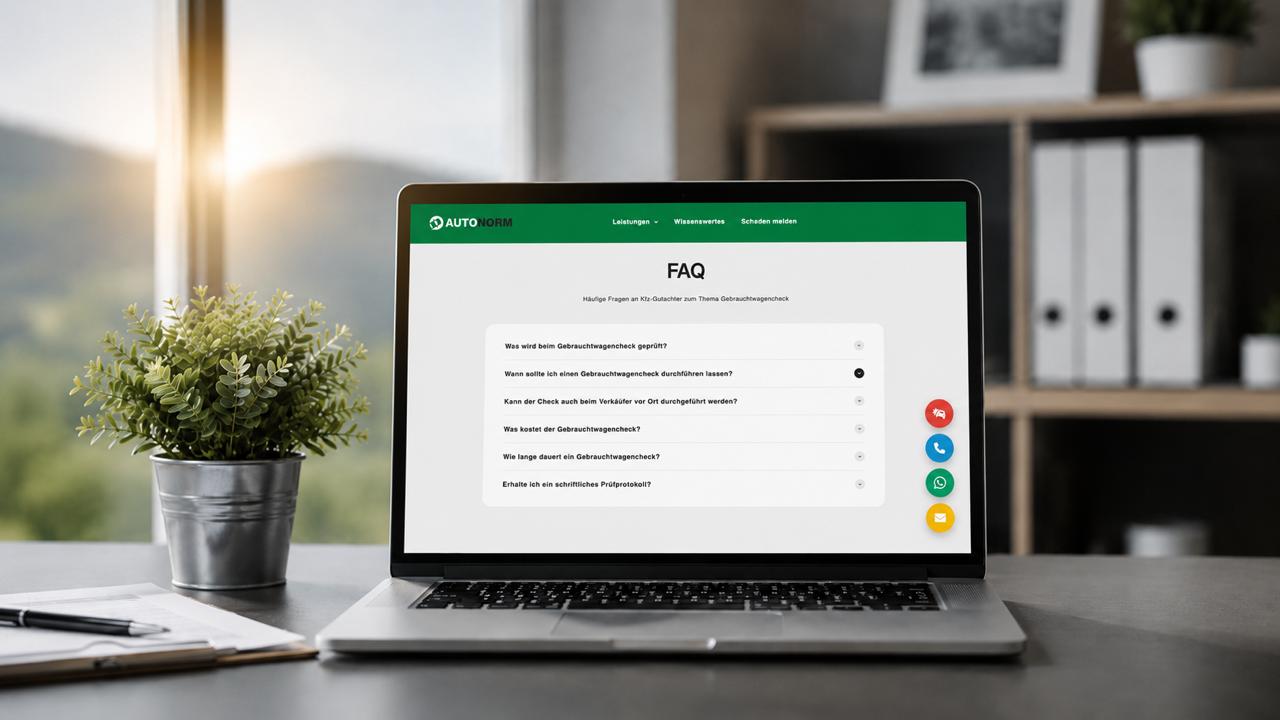 Schreibtisch mit Laptop, auf dem die FAQ-Seite von AUTONORM geöffnet ist, daneben Aktenordner und Notizblock, im Vordergrund eine Grünpflanze.